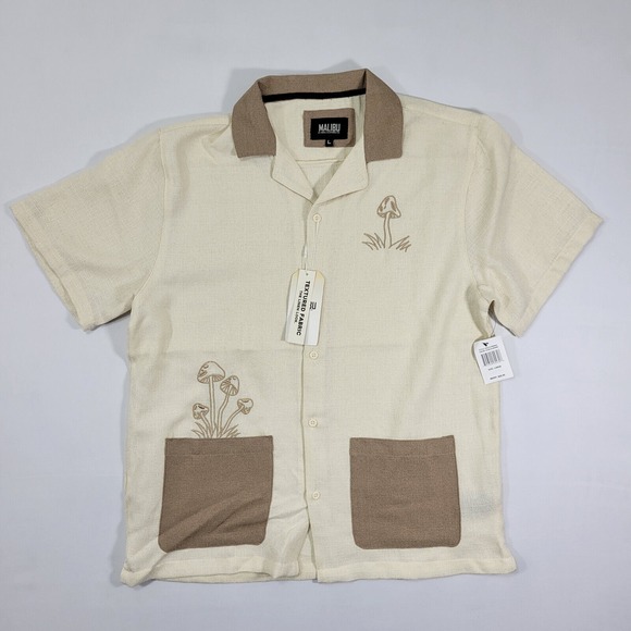 Malibu Drill Clothing Mens Button Down Shirt Mushroom Beige Textured‎ Fabric LG - Picture 1 of 6